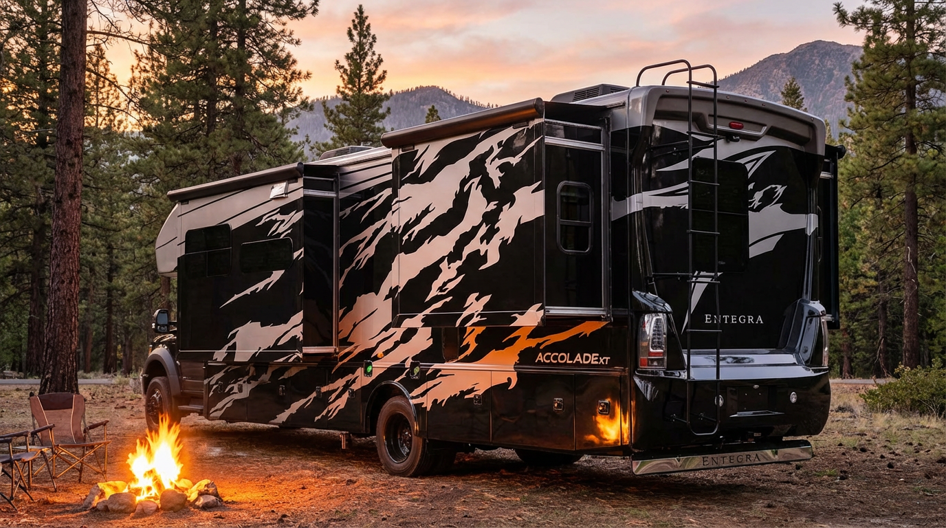 Entegra Accolade XT Super C motorhome at campsite with campfire at golden hour