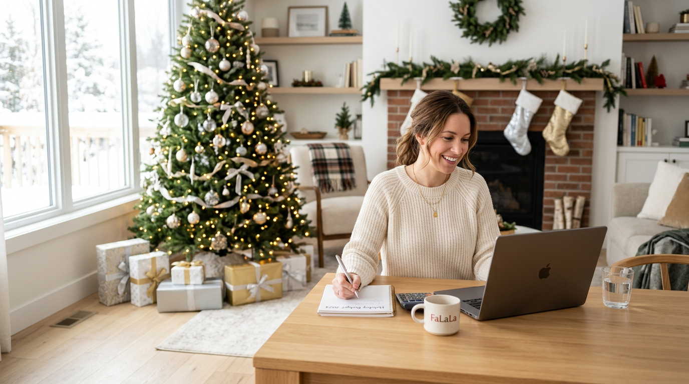 A bright, festive holiday living room with a person reviewing finances on a laptop
