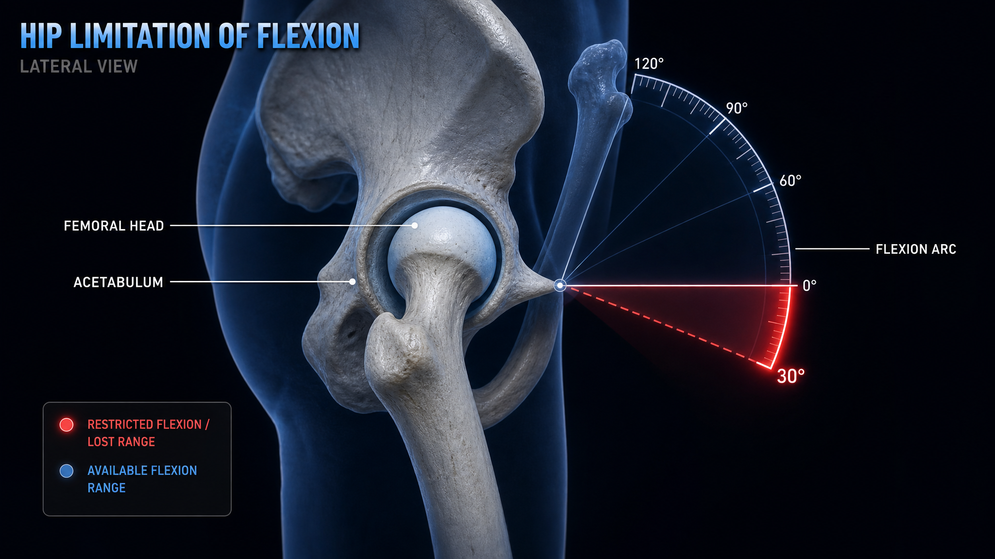 Hip limitation of flexion diagram, restricted flexion goniometer arc