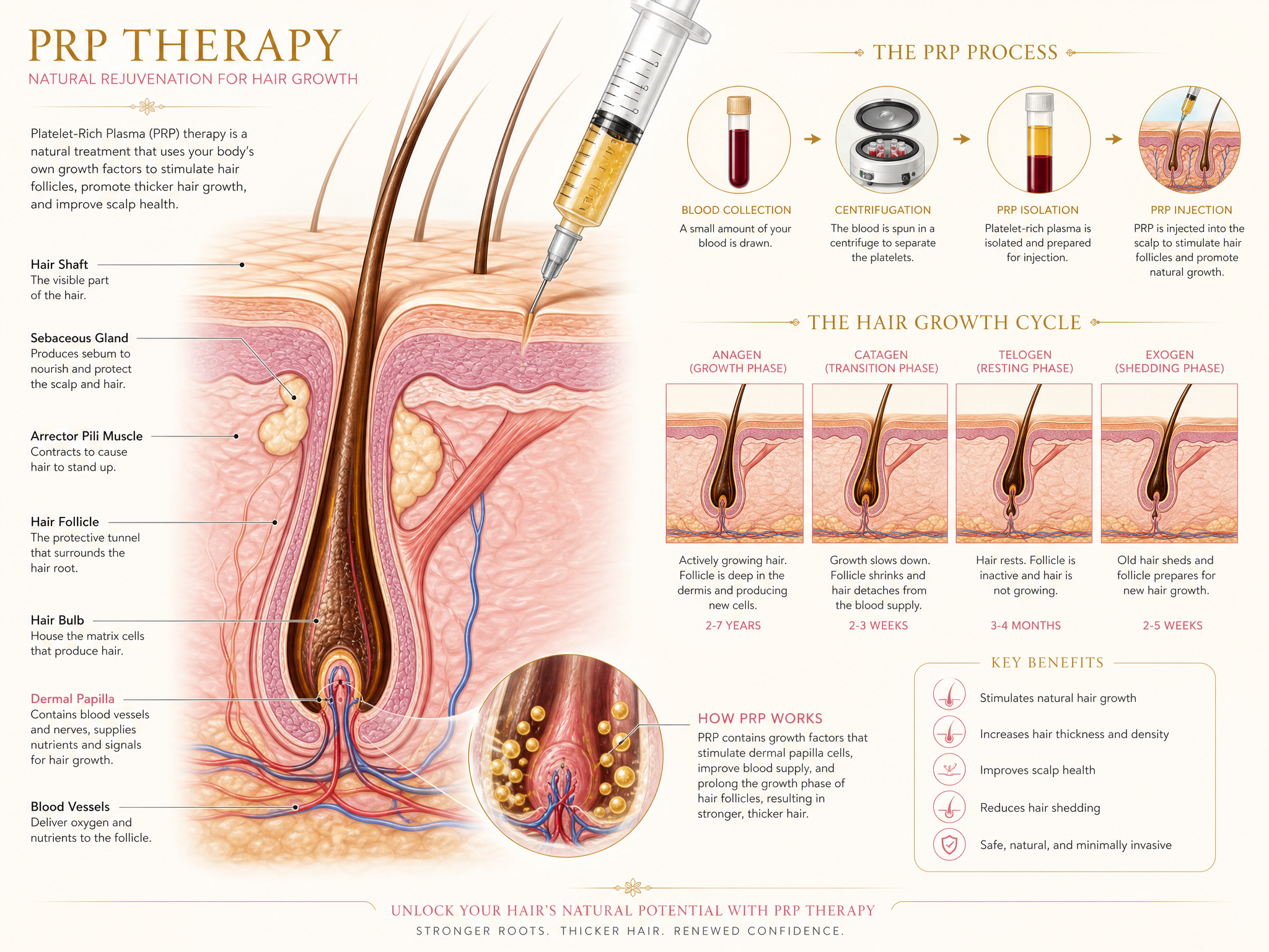 Medical illustration of hair follicle anatomy, hair growth cycle, and PRP scalp treatment