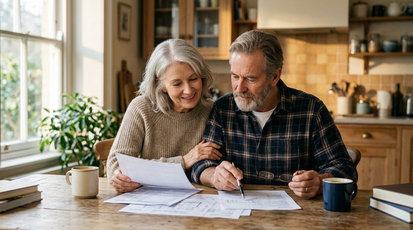 Senior couple reviewing Medicare documents together in warm morning light