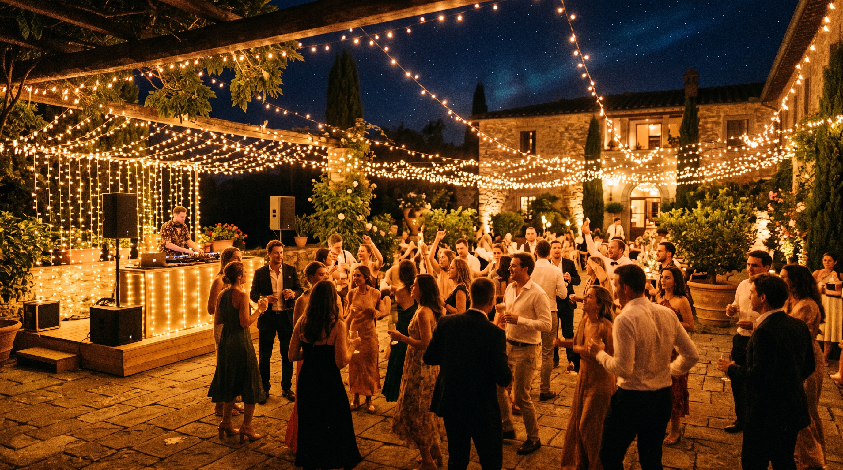 Fiesta nocturna al aire libre con luces cálidas y ambiente festivo