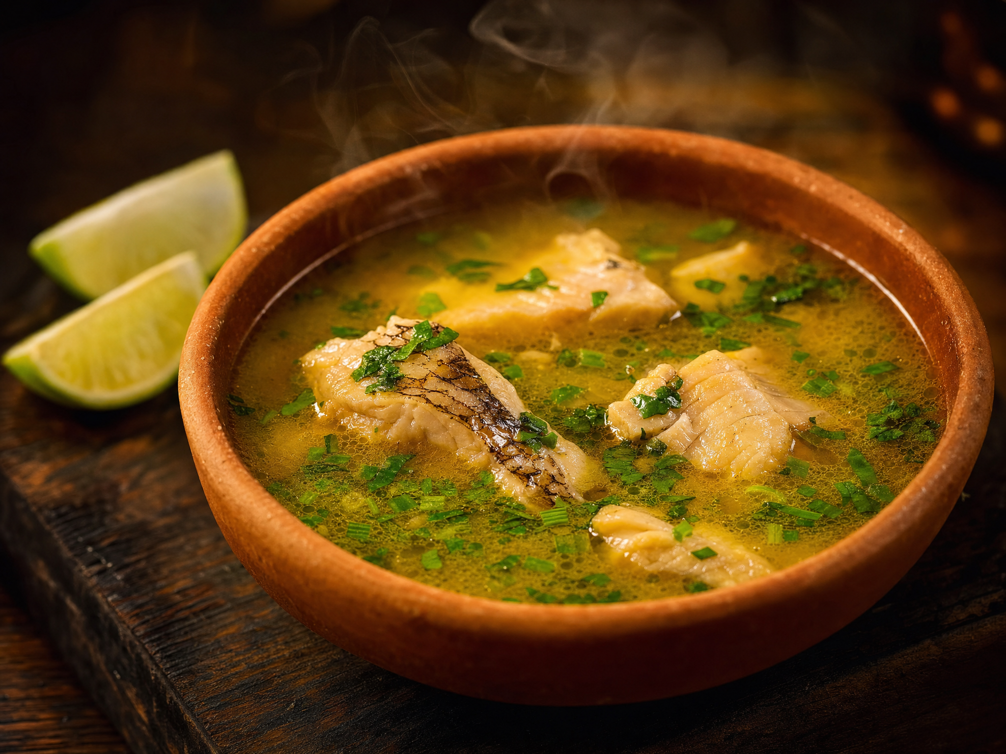 Cumbuca de barro com caldo de tambaqui, cheiro-verde e limão, servido fumegante sobre mesa de madeira