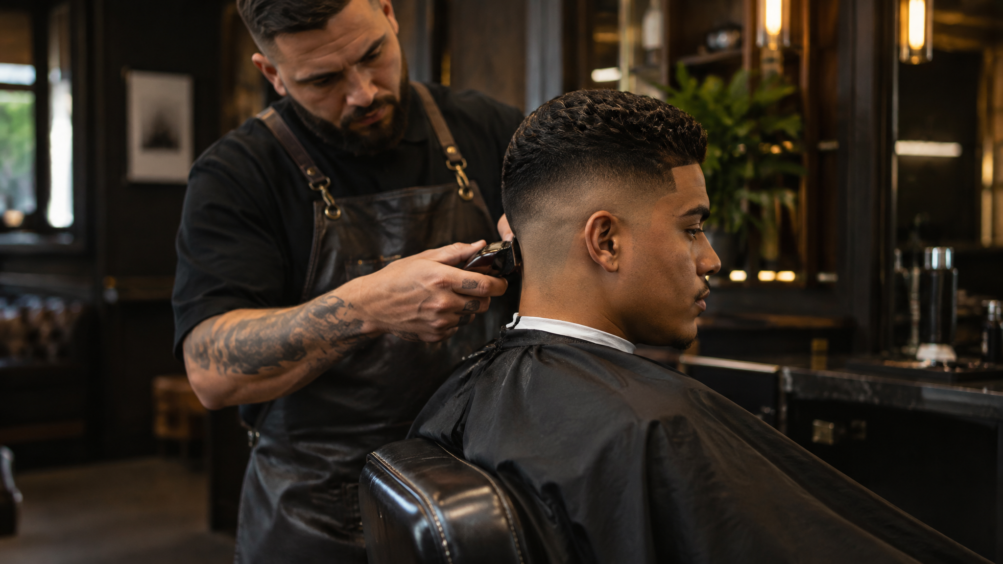 Barbeiro fazendo corte masculino degradê em cliente em barbearia de Sorocaba