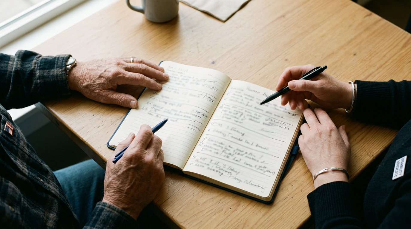 Older veteran and an advocate reviewing a handwritten symptom and activity diary at a table