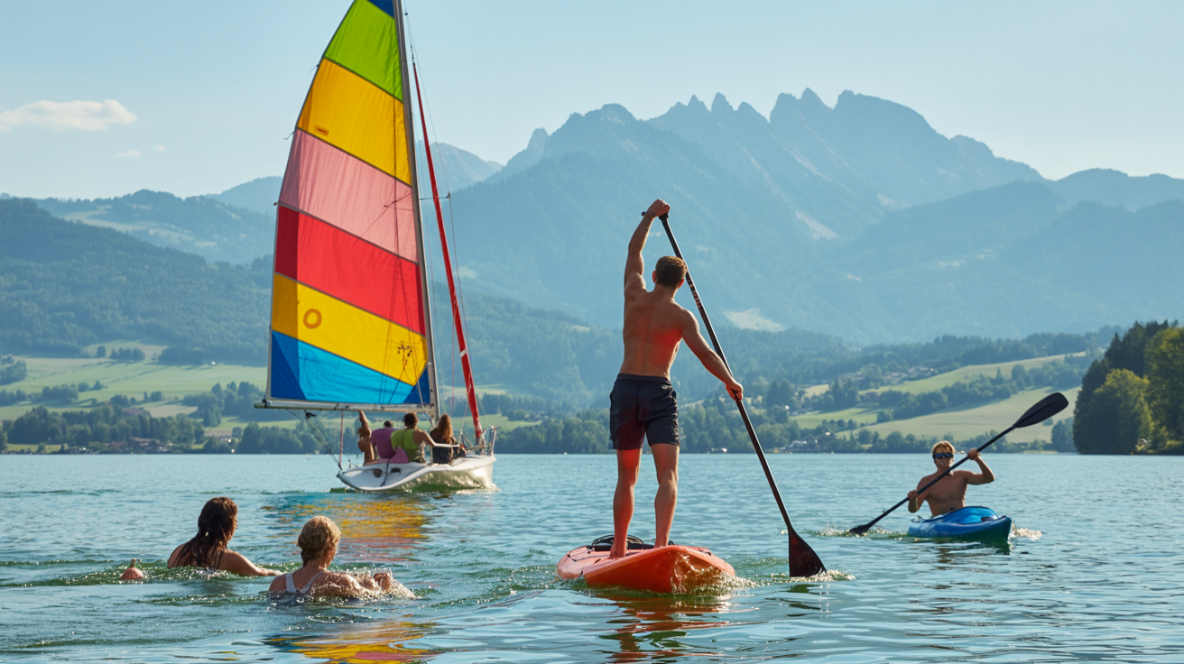 Aktivitäten an Allgäuer Seen - Dynamische Szene mit verschiedenen Wassersportarten wie Segeln, SUP, Schwimmen und Kajakfahren auf einem Allgäuer See