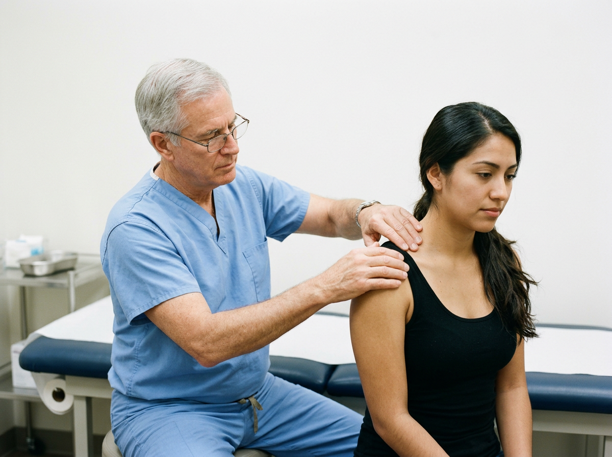 An older male clinician palpating the clavicle of a young Hispanic woman veteran, checking for deformity and crepitus in a clinical examination room