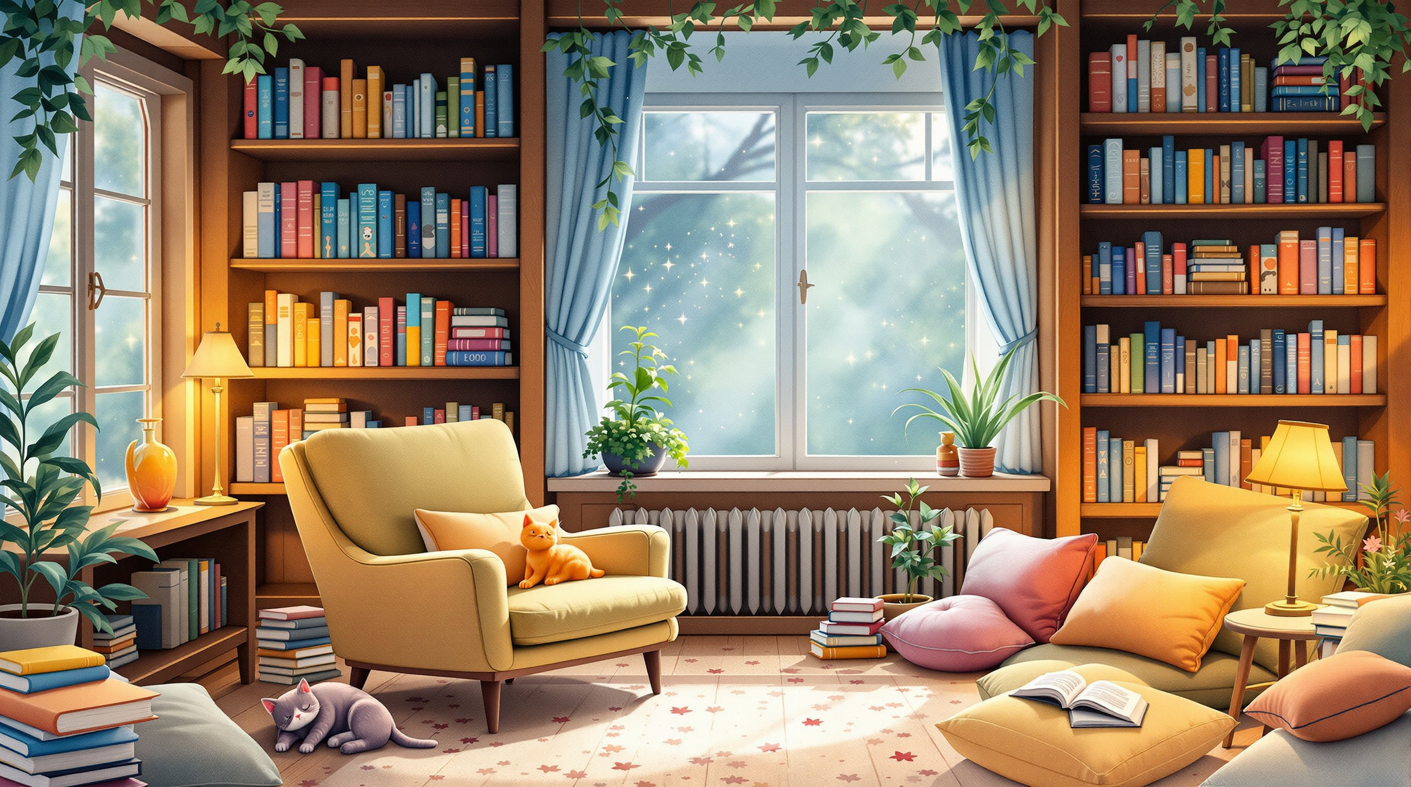 Cozy reading nook with bookshelves