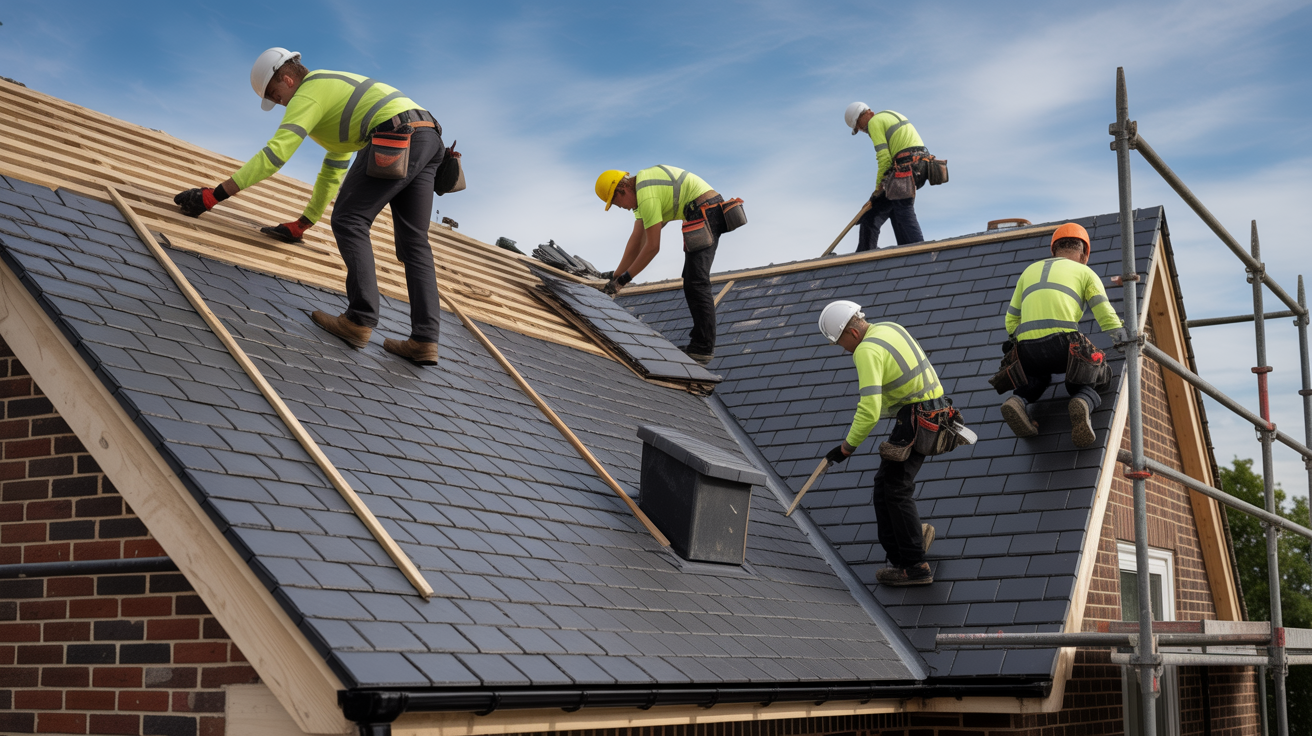 Professional Metro Roofing team working on residential project