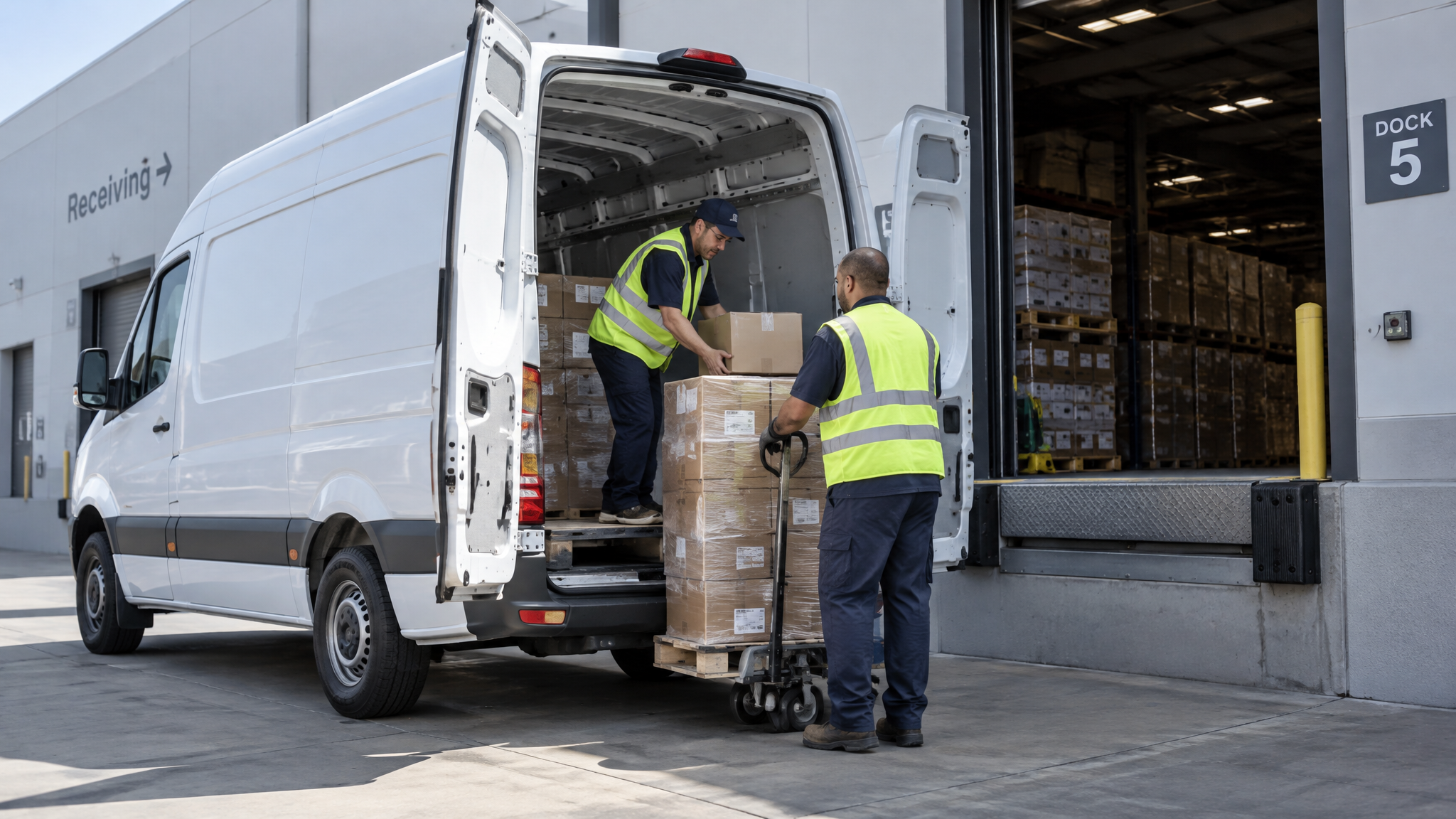 Sprinter cargo van at loading dock with workers loading freight