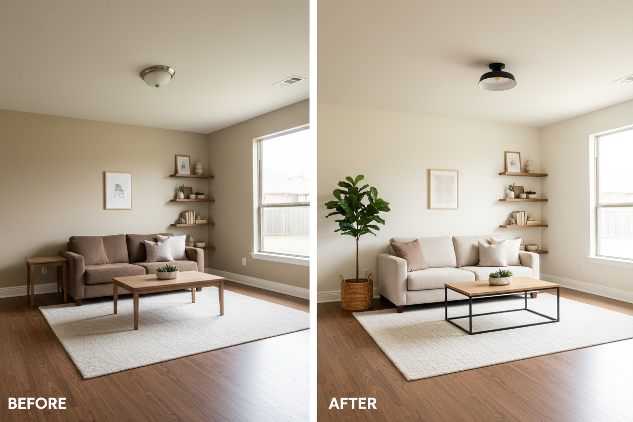 Before-and-after interior staging in Leander, TX: warm white paint, modern lighting, neutral decor and greenery for move-in-ready appeal