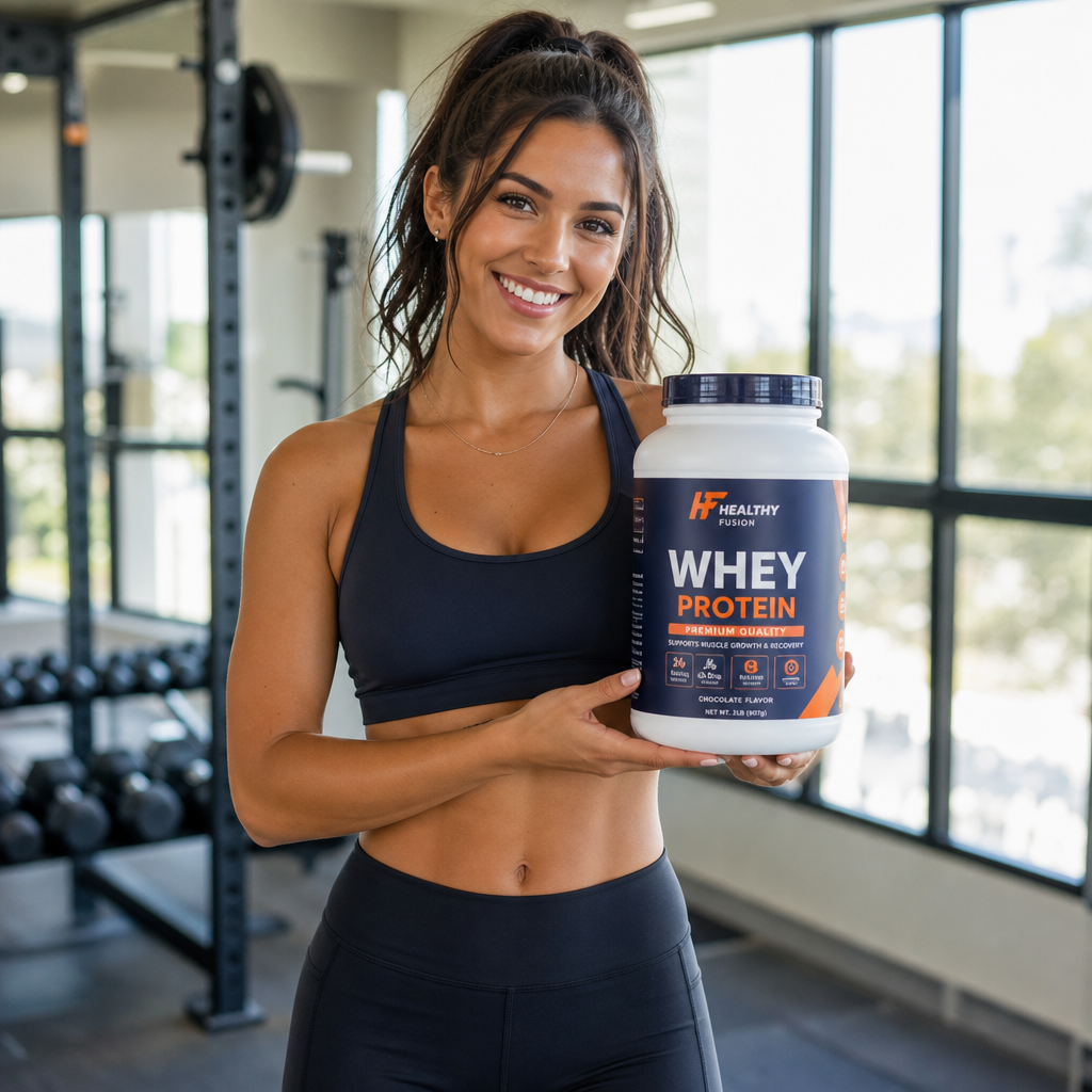 Vrouwelijke fitness influencer met een Healthy Fusion Whey Protein pot in de sportschool