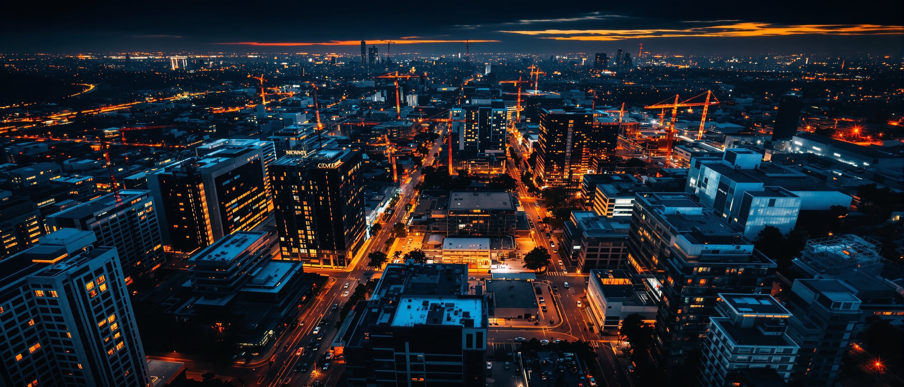 Aerial view of commercial buildings and construction sites at dusk