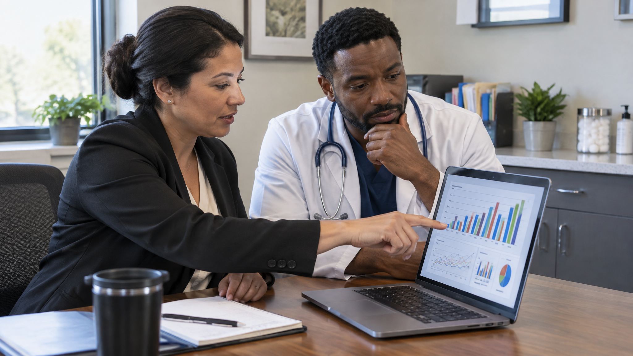 Practice manager and physician reviewing monthly care management revenue on a laptop