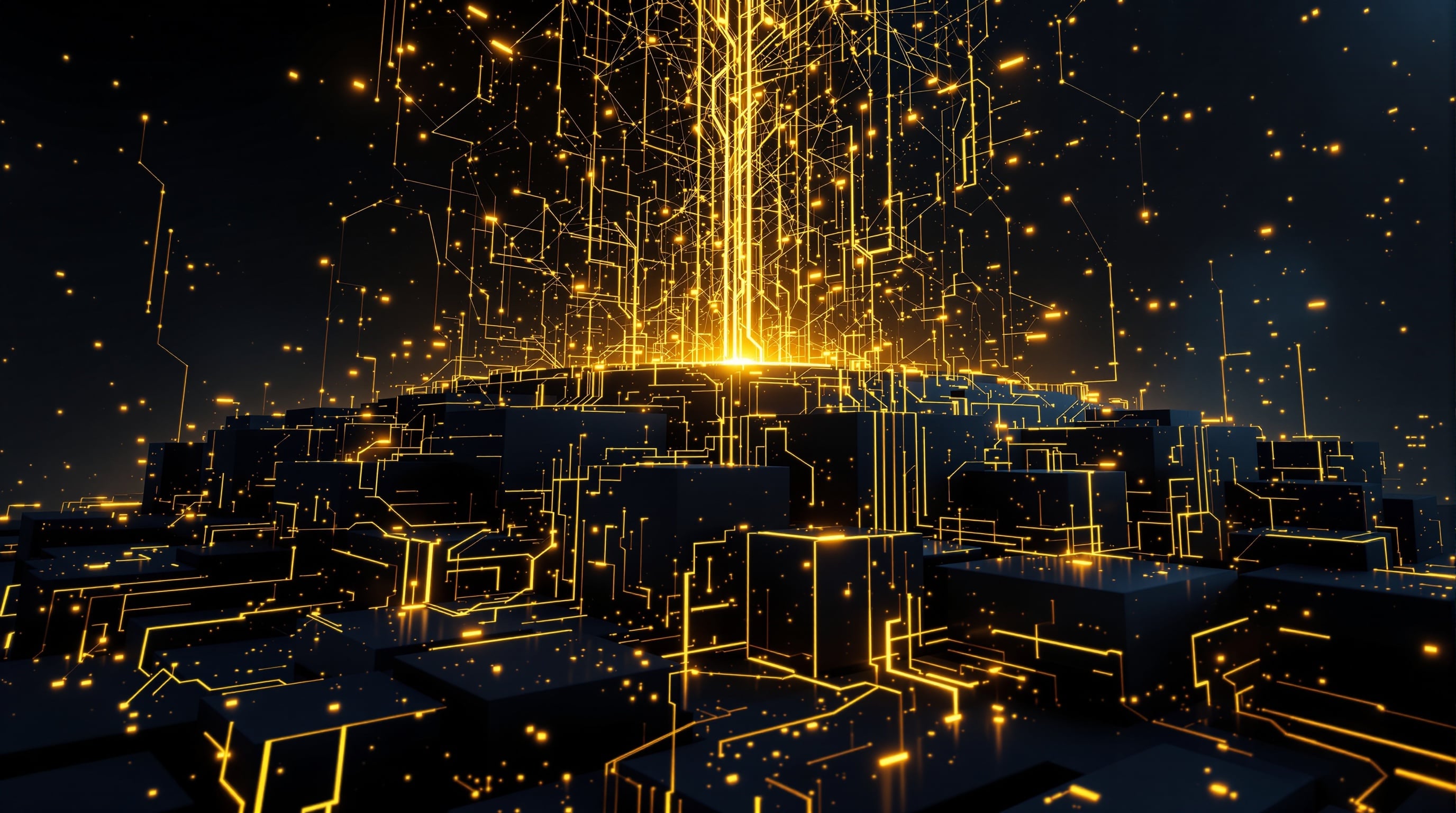 Monumentale digitale Infrastruktur mit goldenen Schaltkreis-Adern auf dunklem Navy-Hintergrund als Symbol für das Fundament des Agentenzeitalters