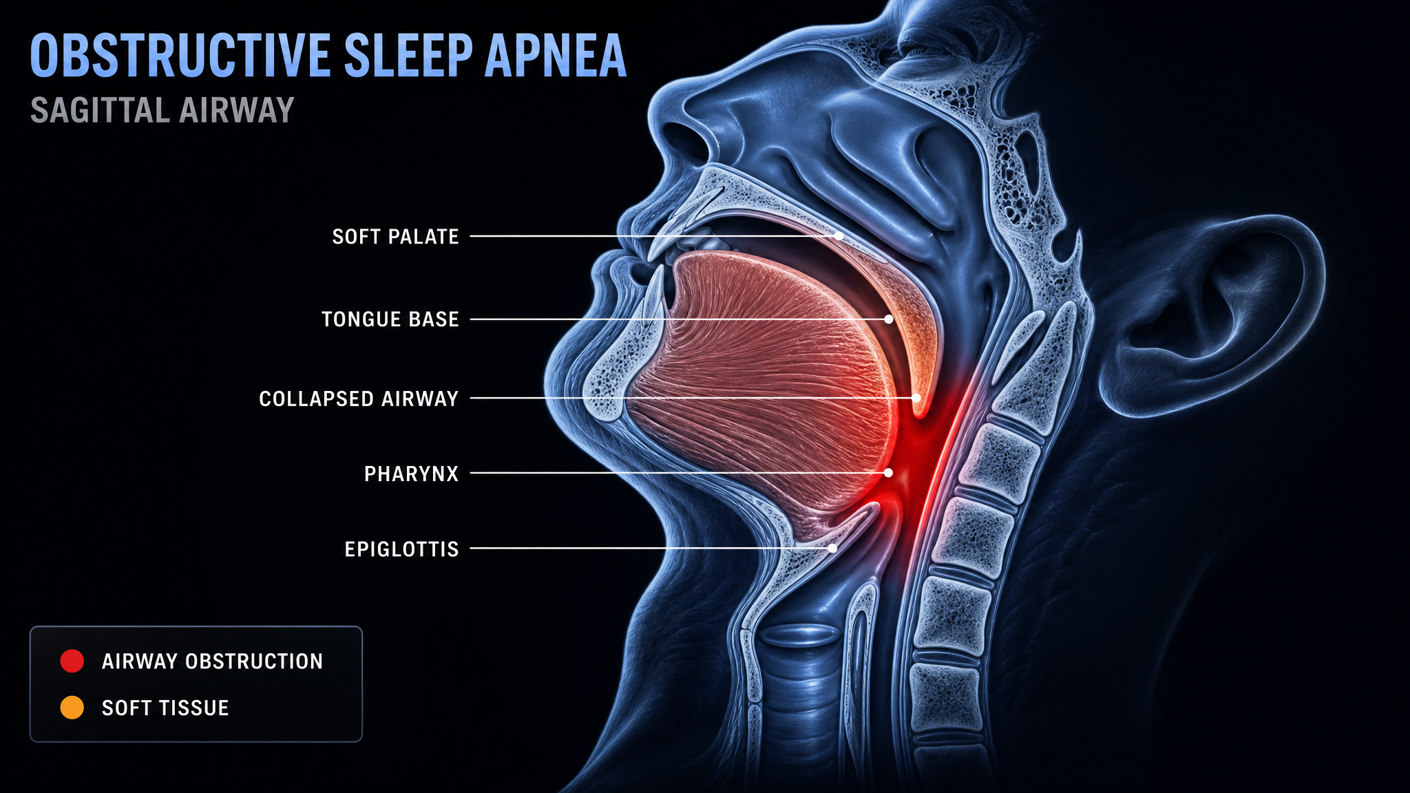 Sagittal airway diagram showing the collapsed upper airway in obstructive sleep apnea