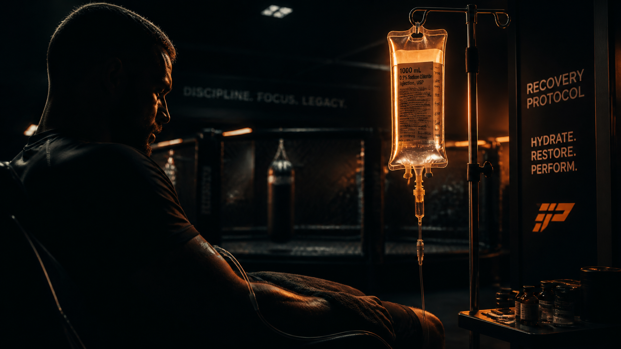 IV recovery station inside a dark elite fight gym with copper accent lighting