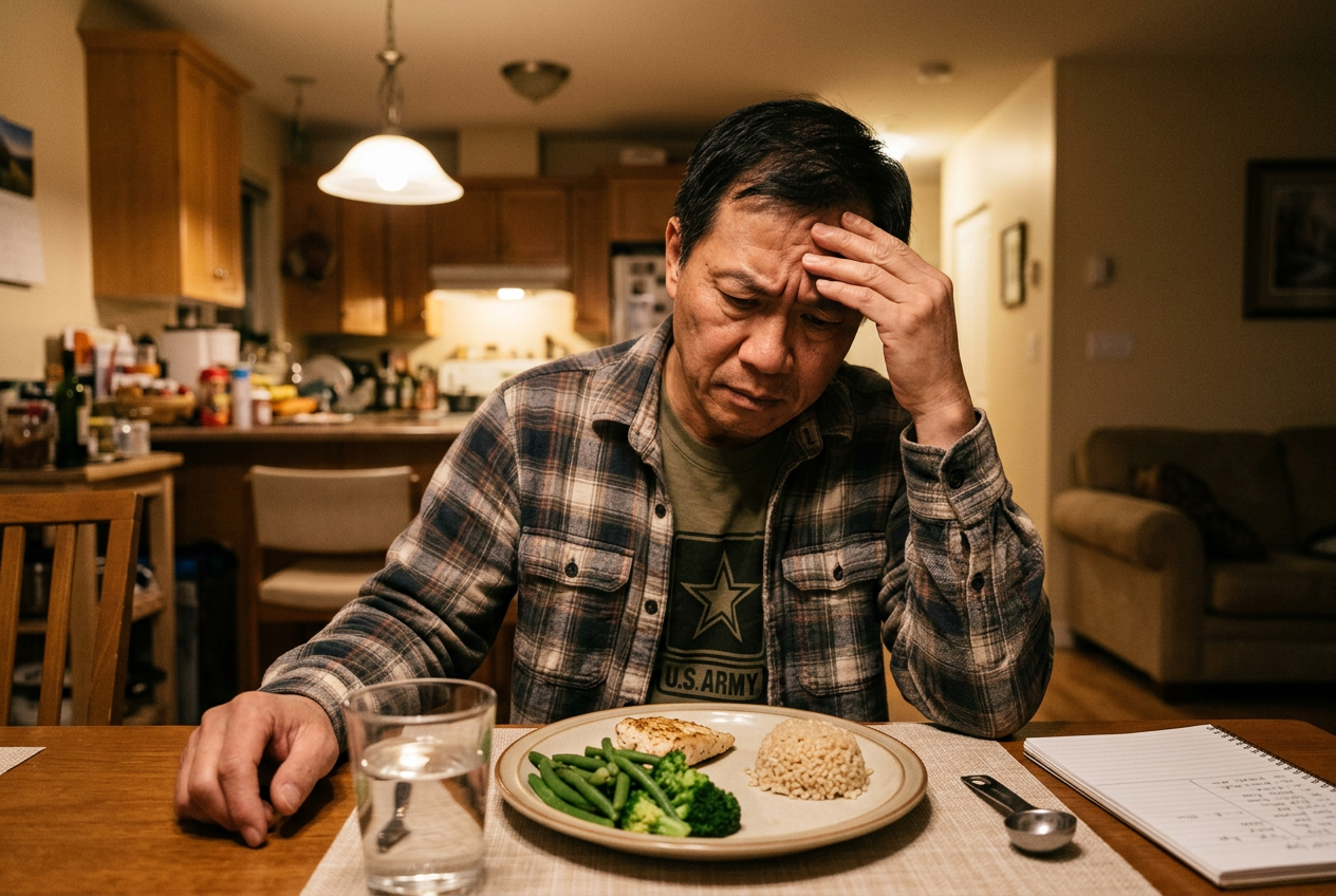 Asian male veteran in his 50s sitting at a dining table looking frustrated while managing a restrictive diabetic diet