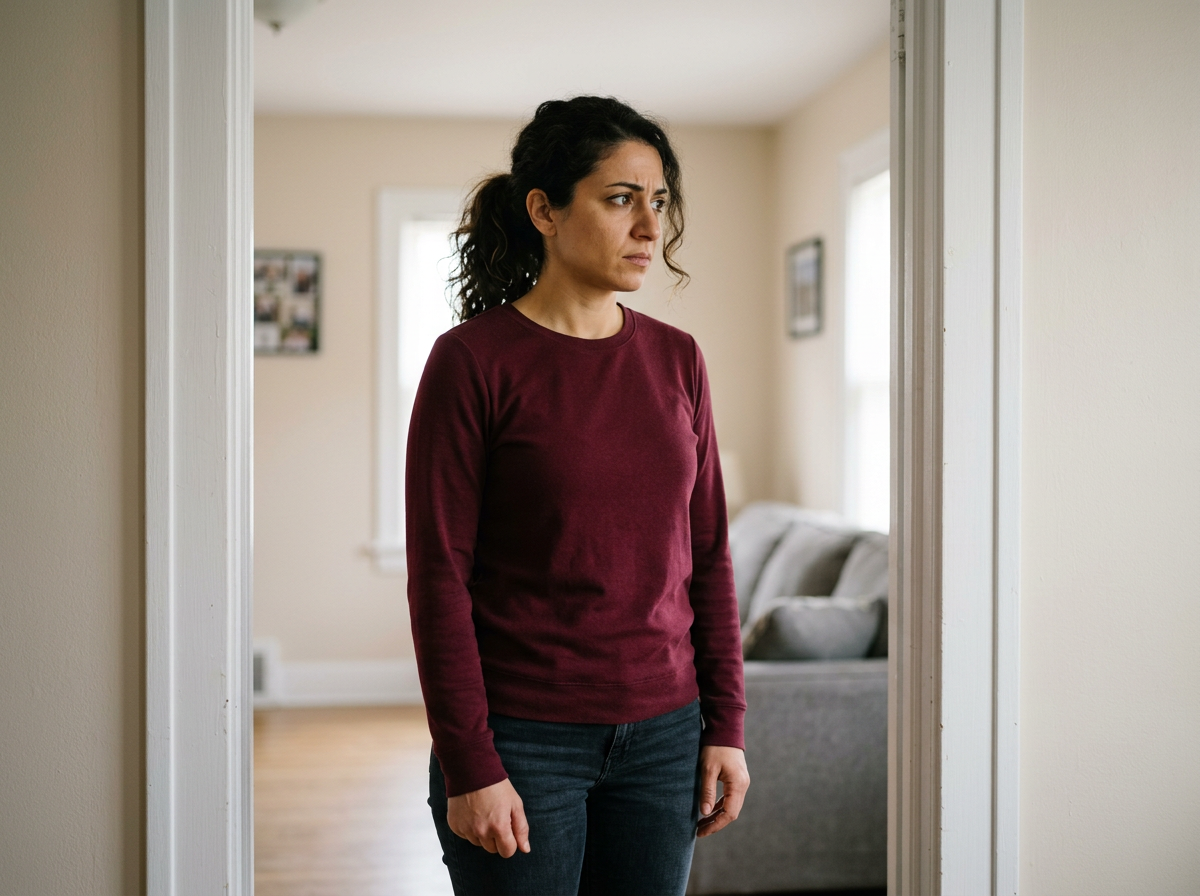 A Middle-Eastern woman veteran standing near a doorway, her arm hanging protectively at her side as she avoids any movement that could trigger a dislocation
