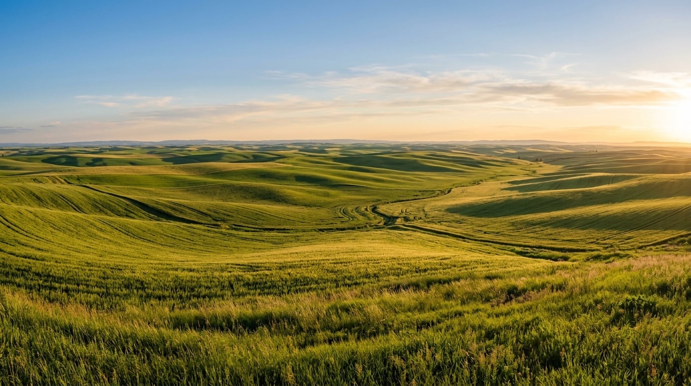 Rolling green fields bathed in golden sunlight