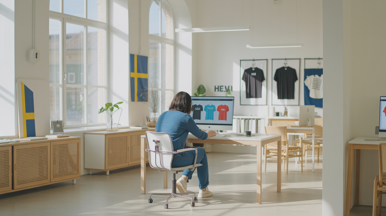 Svensk print-on-demand workspace med designers som skapar unika produkter