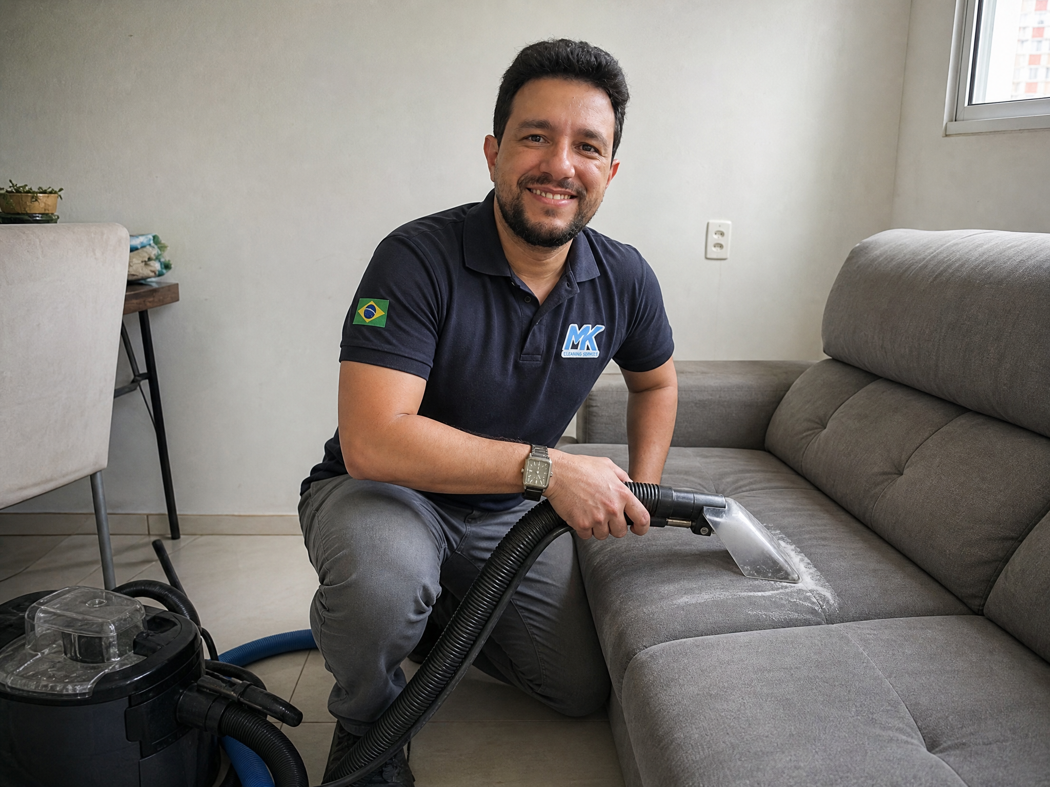 Técnico da Mk Clean higienizando sofá de tecido com extratora profissional