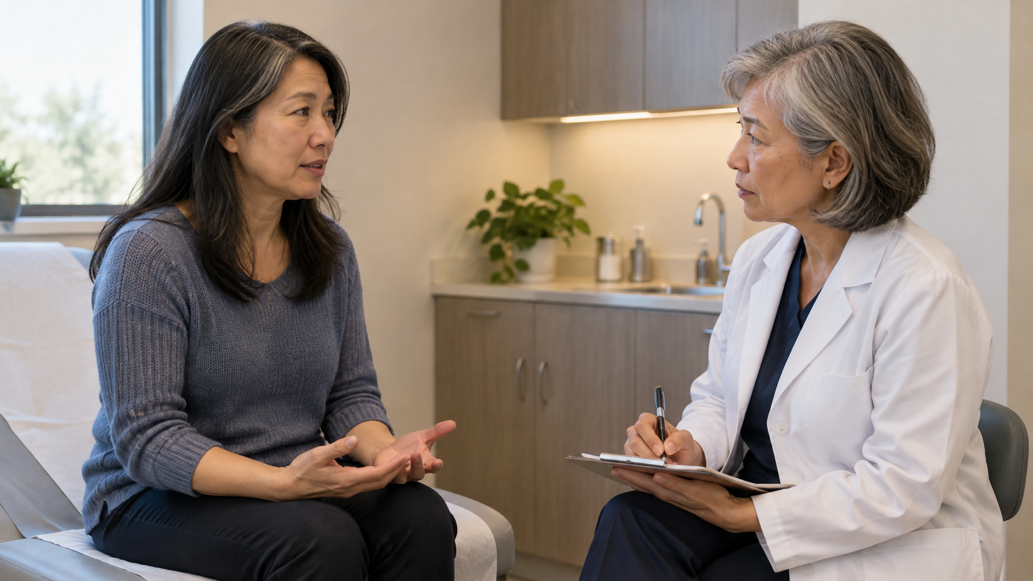 A woman veteran talking with a female doctor taking notes in a private exam room