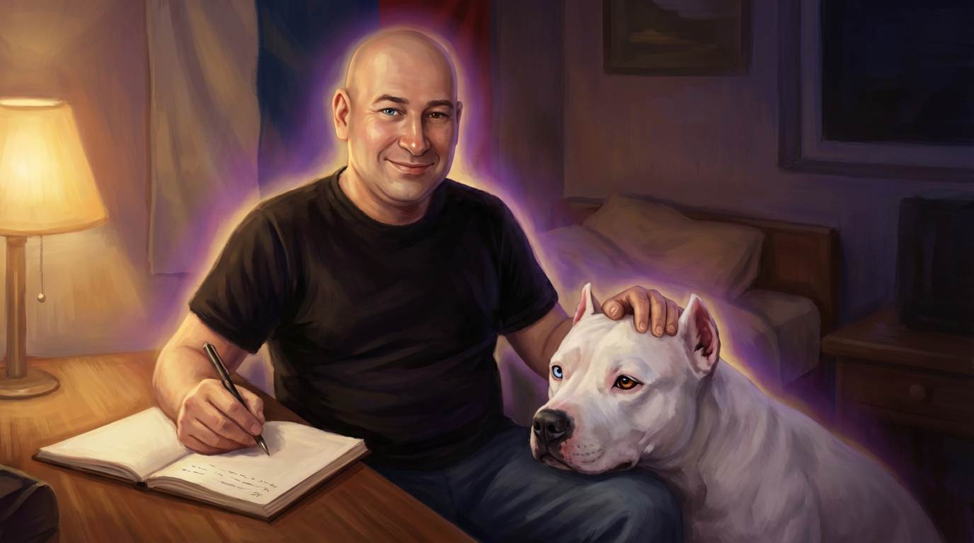 Tihi trenutak — Elion za radnim stolom, Džiberova glava na njegovom krilu, duboka energetska povezanost. komunikacija sa životinjama između čoveka i staforda kroz poverenje, ponos i emocionalnu povezanost u kućnom okruženju