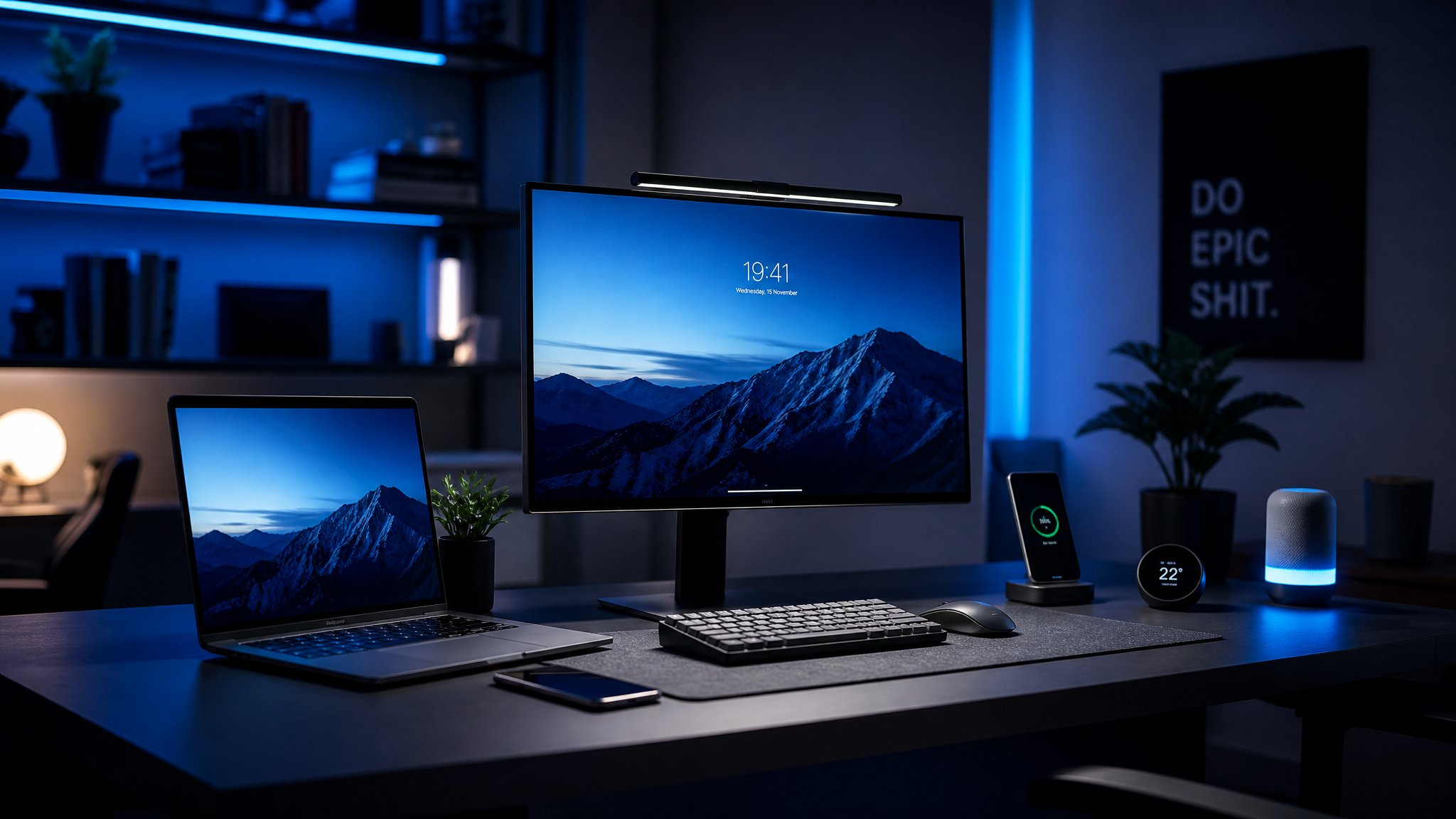 Modern tech workspace with blue lighting