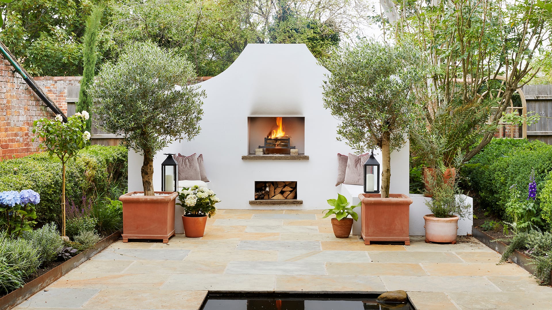 UK house with clean stone patio and garden