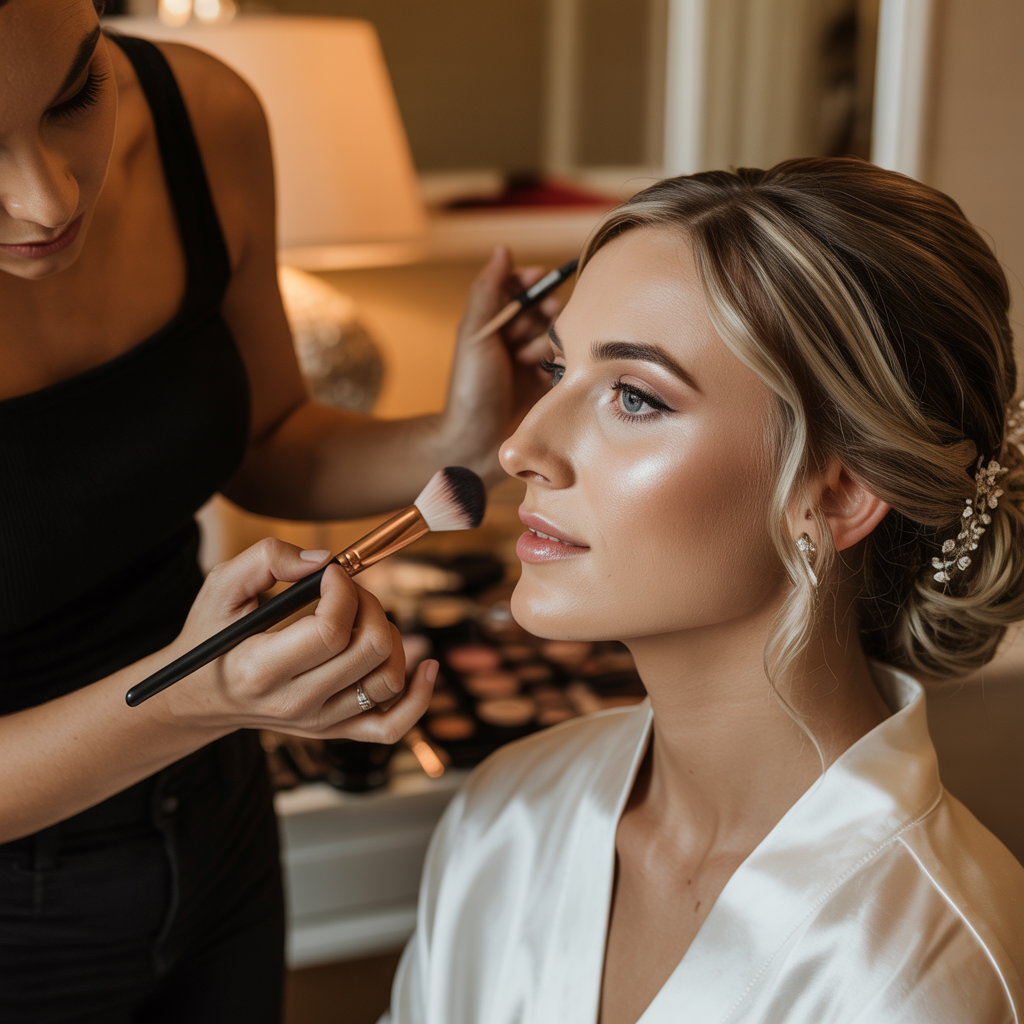 Bride getting ready with makeup artist