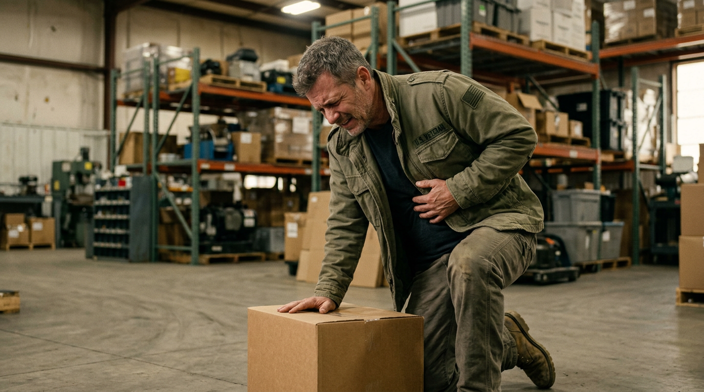Photograph of a veteran in a warehouse doubled over a box, gripping his ribs, unable to lift it