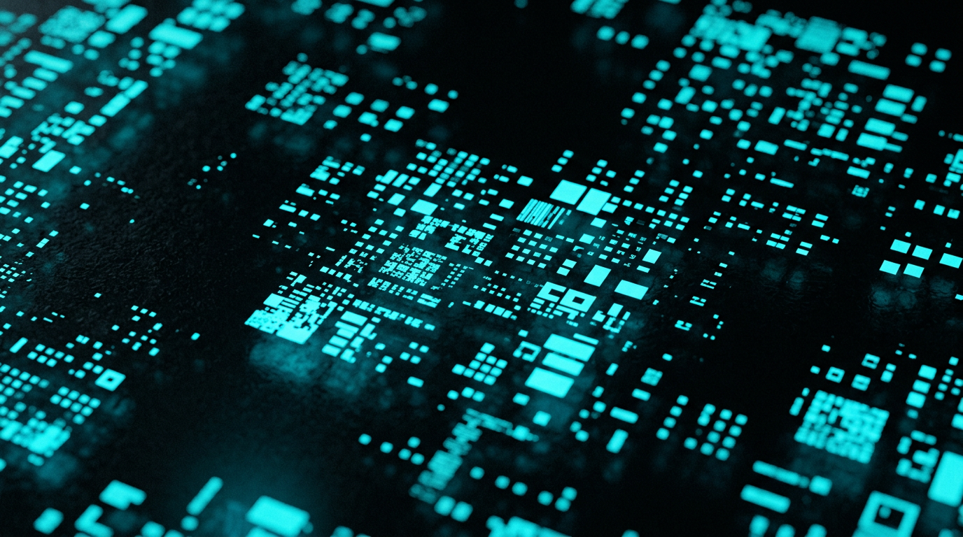 Glowing cyan digital pixels and matrix-like data blocks representing image forensics