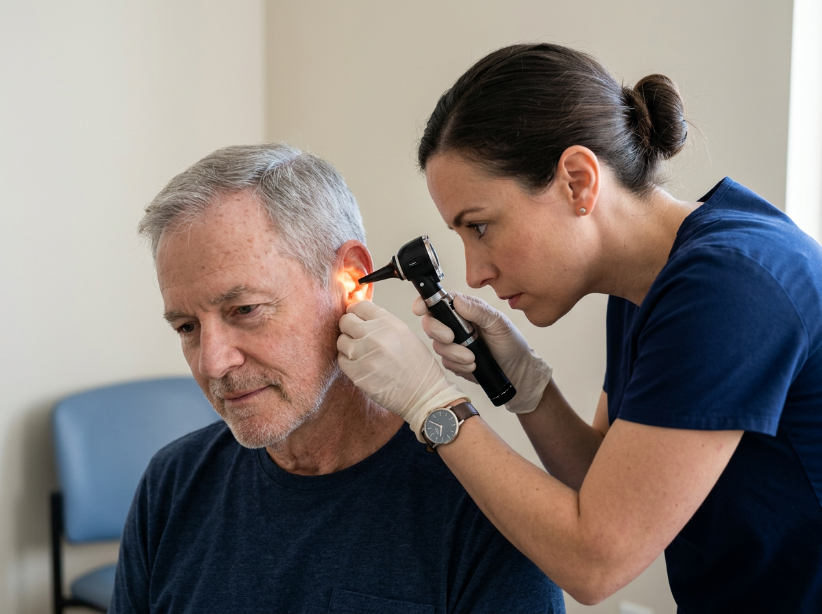 An audiologist using an otoscope to examine a veteran's ear canal during an audiology evaluation