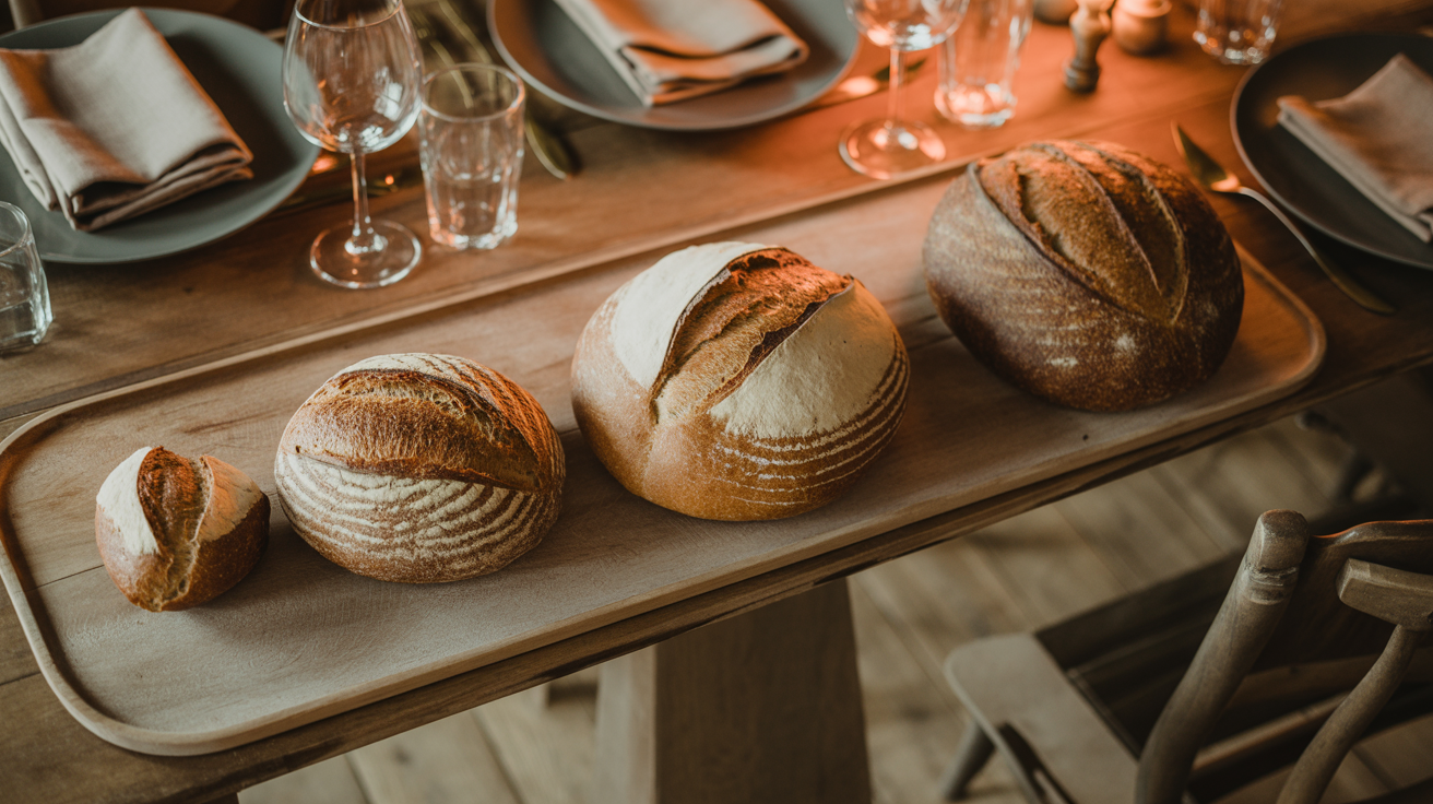 Three sourdough loaves of different sizes on rustic wooden board with wine glasses and napkins in warm dinner lighting