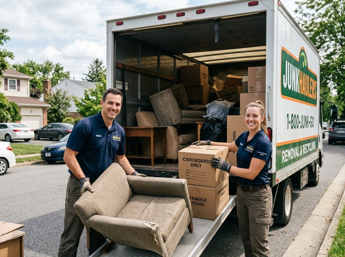 Junk removal team carrying items out of a home
