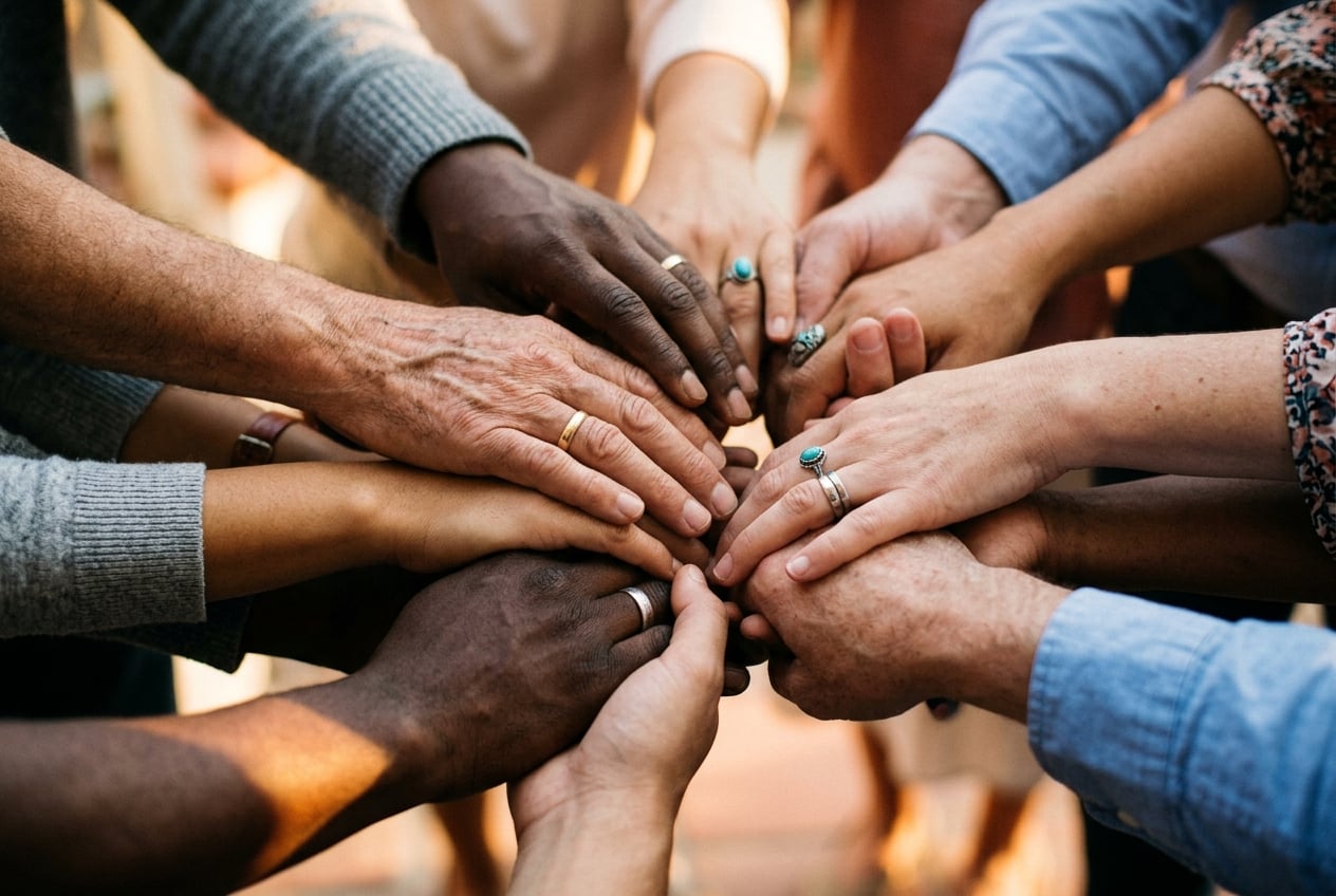 Many diverse hands joined together in a gesture of unity and support