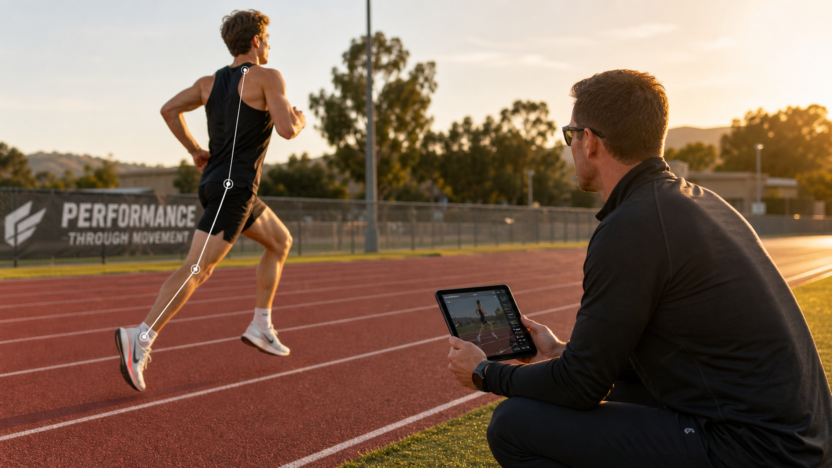 Running coach analyzing athlete form on a track