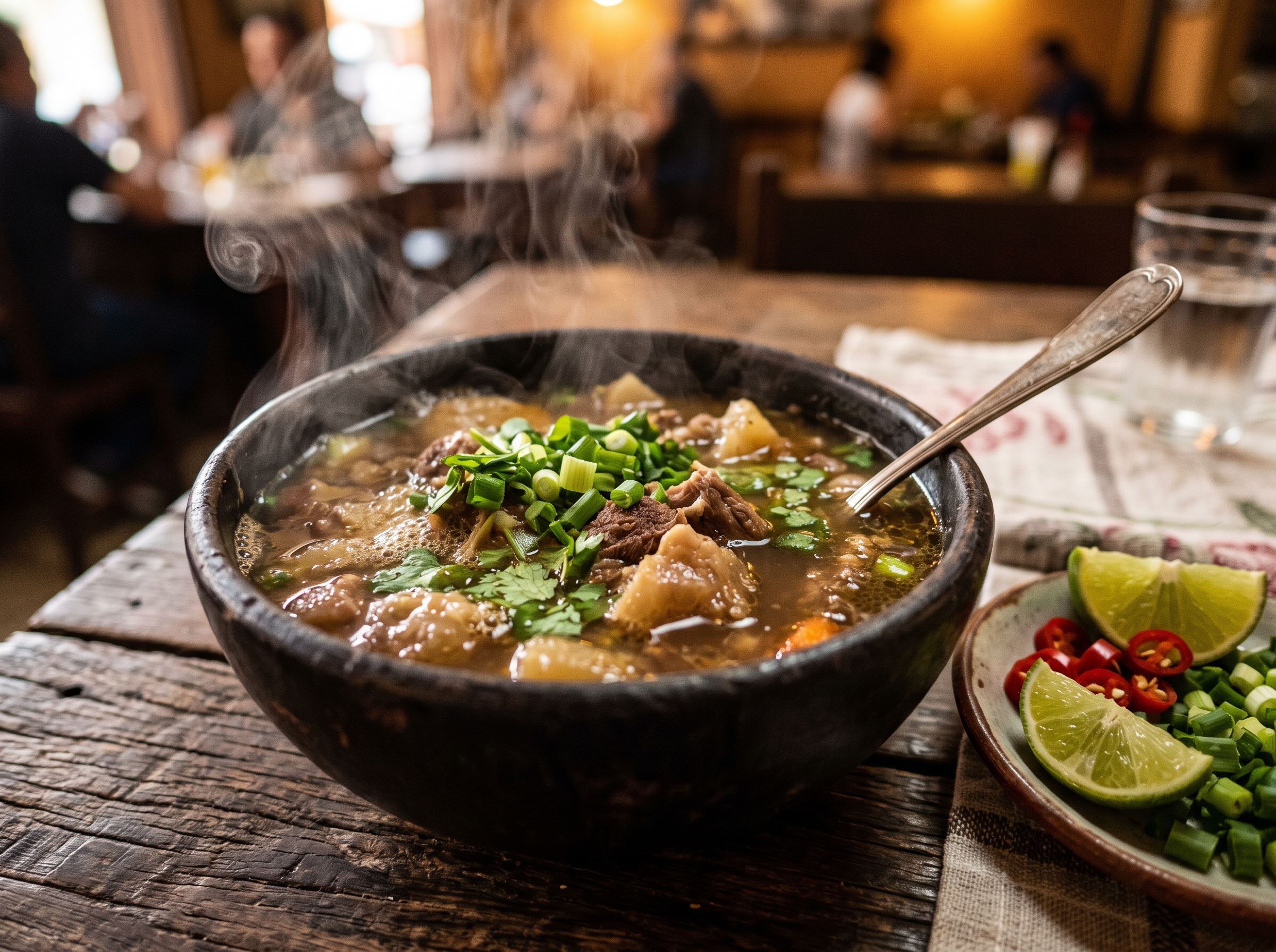 Caldo brasileiro encorpado e fumegante servido em tigela rústica sobre mesa de madeira