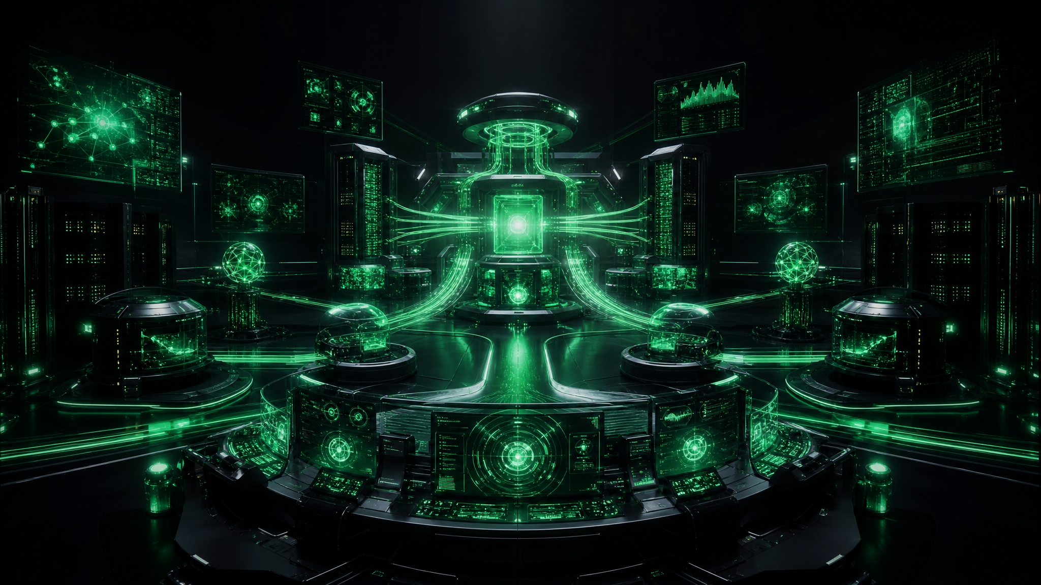 Futuristic AI automation command center with glowing emerald systems
