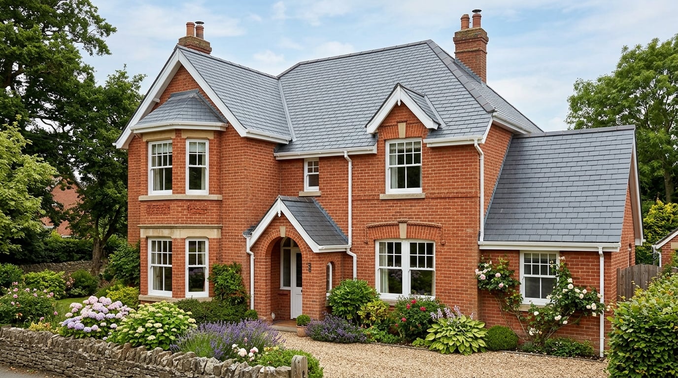 Newly completed slate roof on a traditional British house