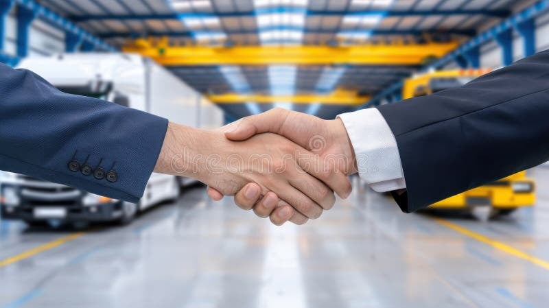 Business professionals shaking hands to seal a logistics partnership