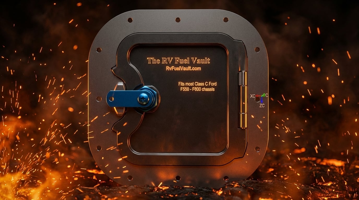 Inside view of RV fuel hatch cover showing tamper-resistant lock