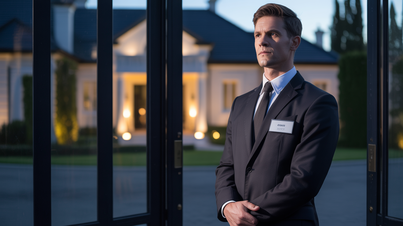 Security operative guarding luxury residential property at dusk