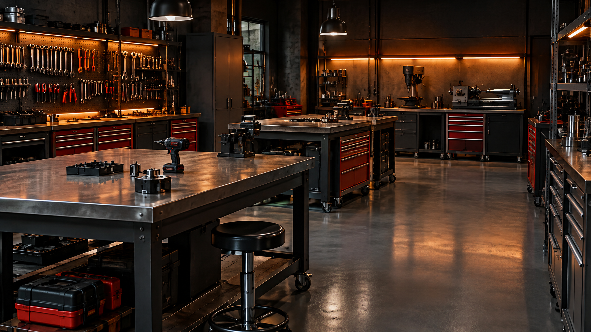 Professional workshop with workbenches and tool chests
