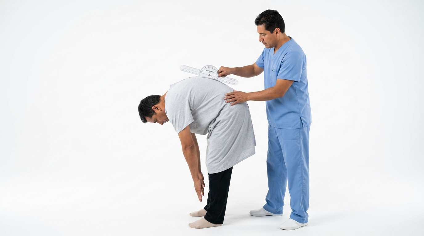 Clinician measuring a standing patient’s thoracolumbar forward flexion with a goniometer against the mid-back