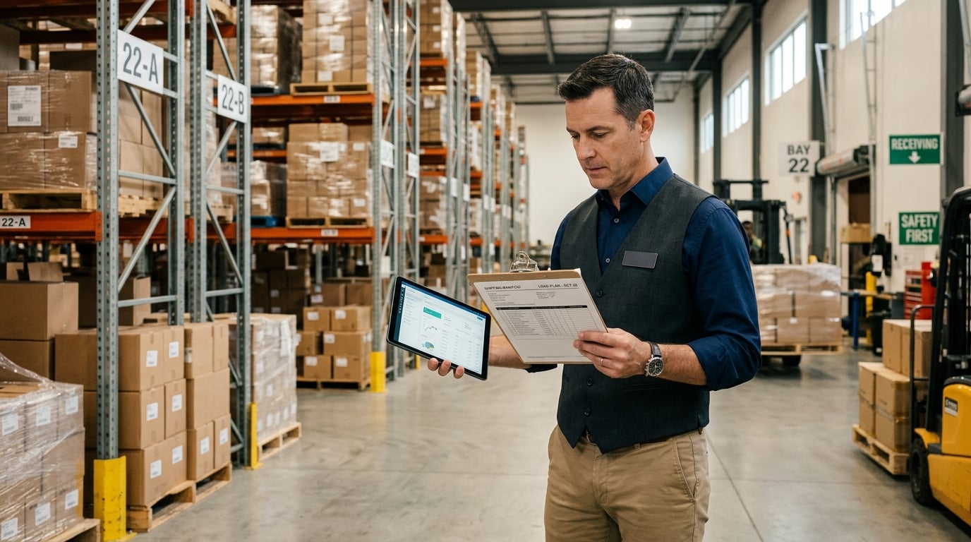 logistics warehouse professional reviewing import tariff documentation