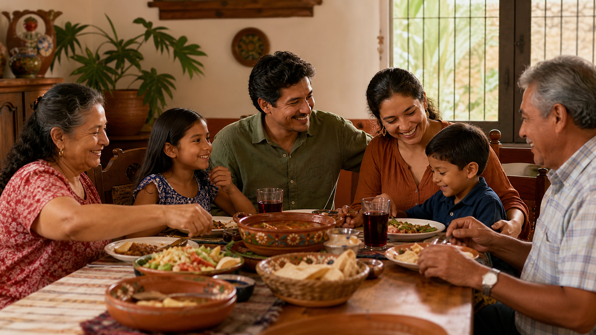 Familia latinoamericana compartiendo una comida en casa