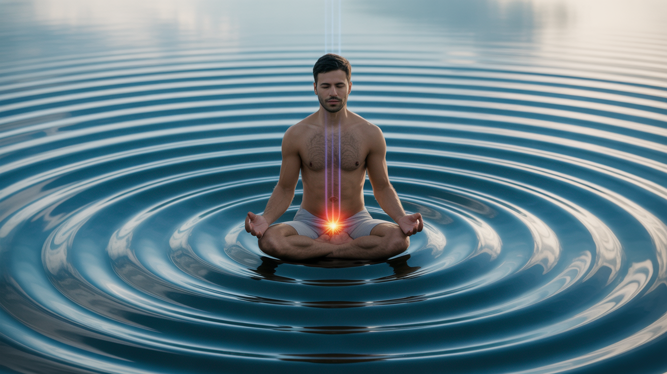 Muškarac meditira sa Svadhisthana čakrom koja pulsira narandžastom svetlošću i vodenim zvučnim talasima