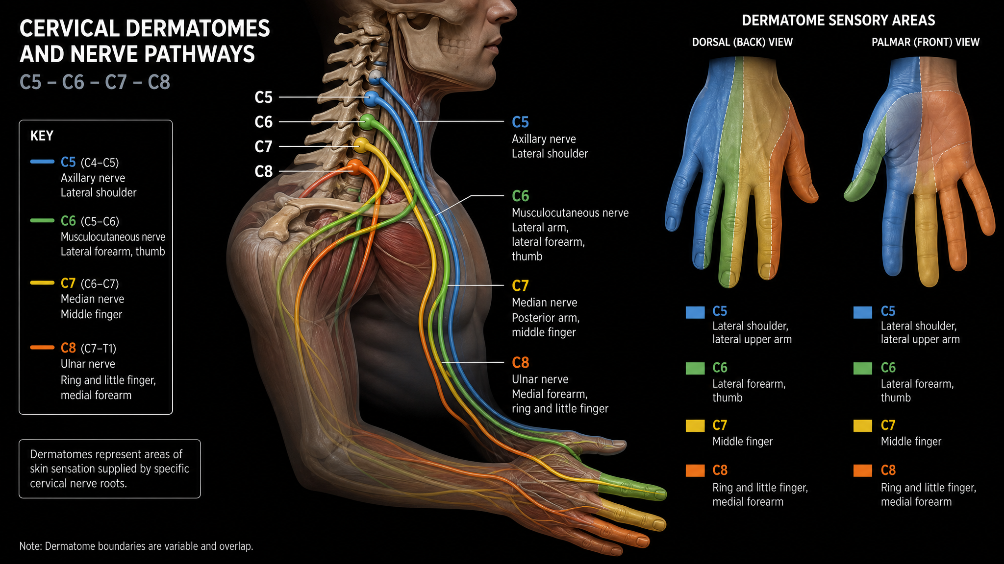 Cervical dermatome map tracing the C5, C6, C7 and C8 nerve roots from the neck through the shoulder and down the arm into the hand